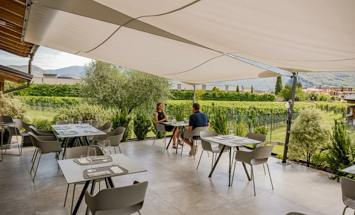 An elegant terrace with outdoor tables and two people sitting. In the background, vineyards and lush green hills are visible.