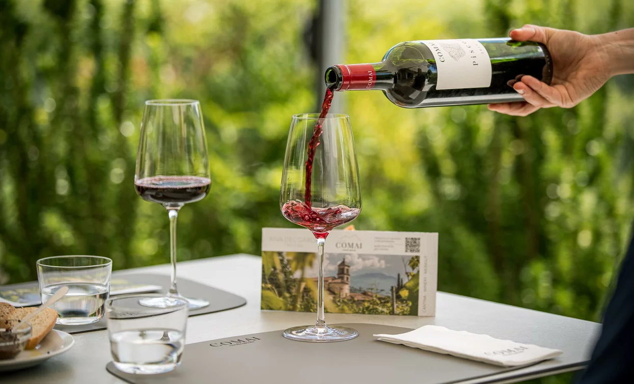 Two glasses of red wine are being filled from a bottle, with a beautiful green landscape in the background. On the table, there is also a plate with food and an informational brochure.